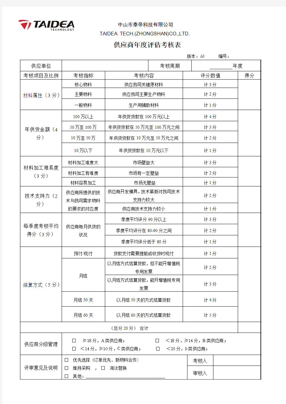 供应商年度评估考核表-2018