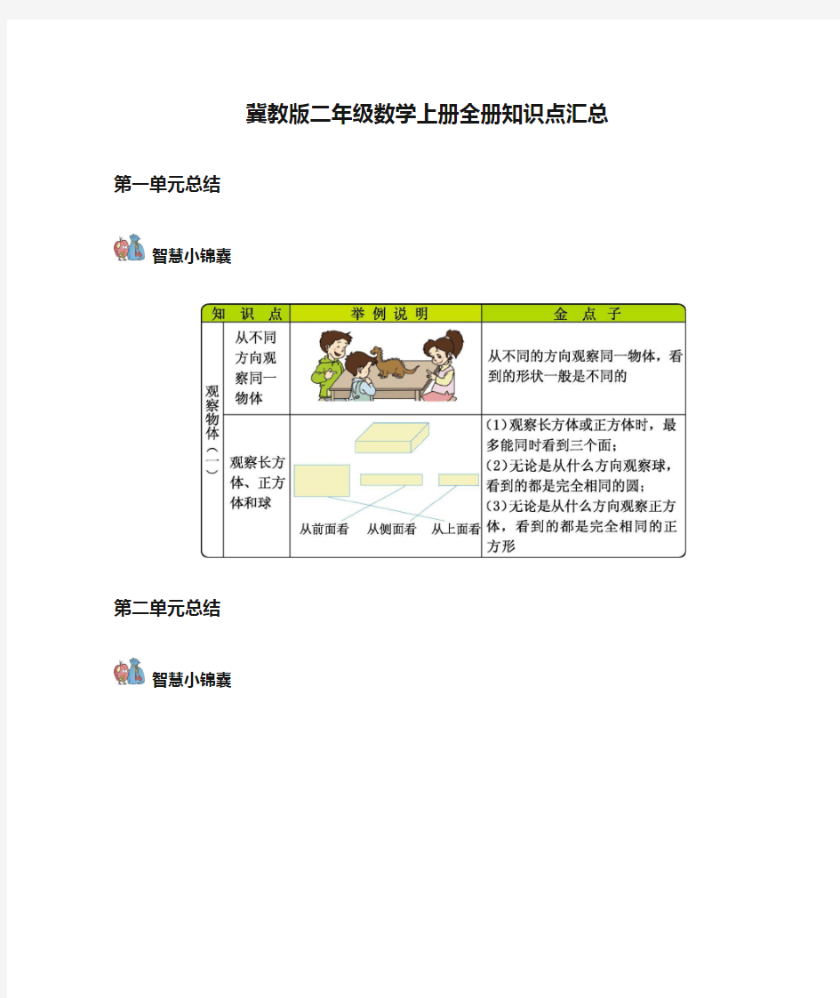 冀教版二年级数学上册全册知识点汇总