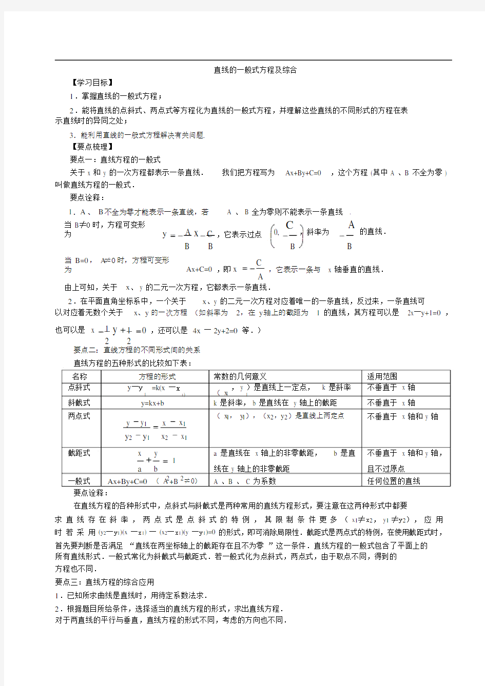 高中高一数学直线方程重点学习学习知识点学习重点学习归纳与典型例题.doc