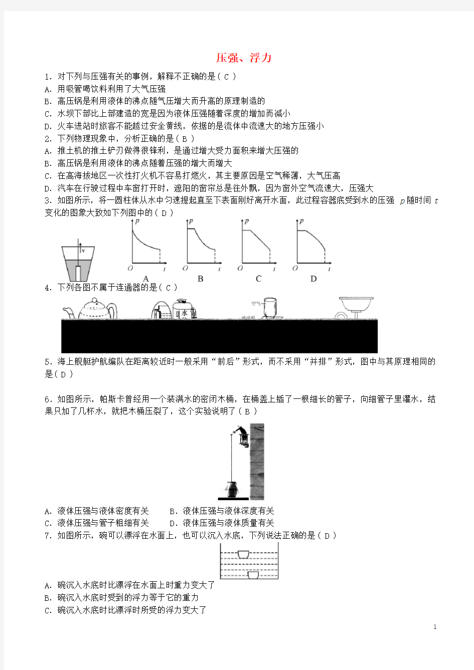 2020最新中考物理 压强、浮力专题综合练习题