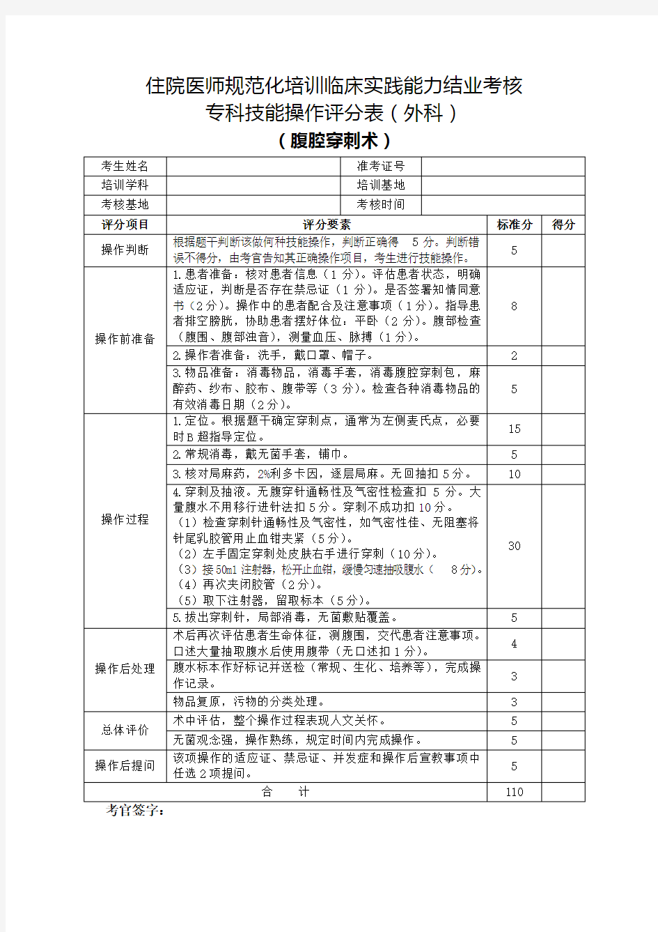 住院医师规范化培训临床实践能力结业考核专科技能操作评分表(外科)腹腔穿刺术