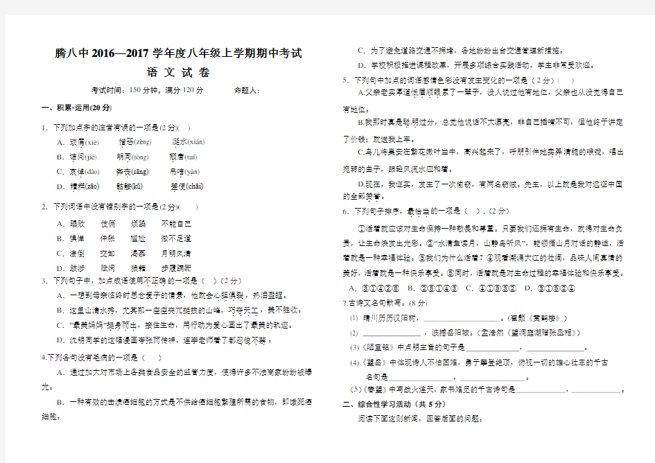 八年级上学期语文期中试卷及答案