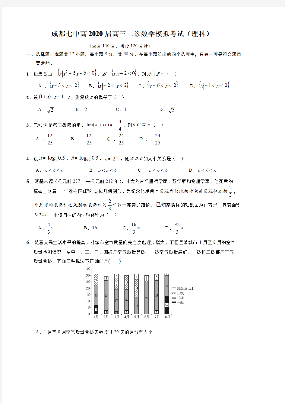 四川省成都七中2020届高三二诊模拟考试 理科数学 含答案