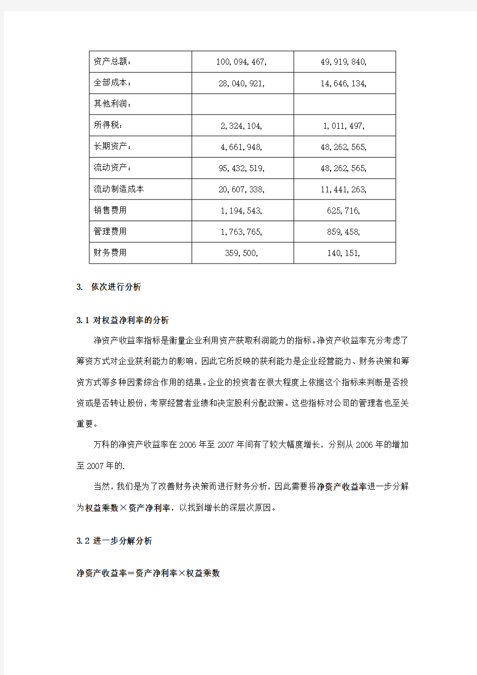 万科杜邦分析结果