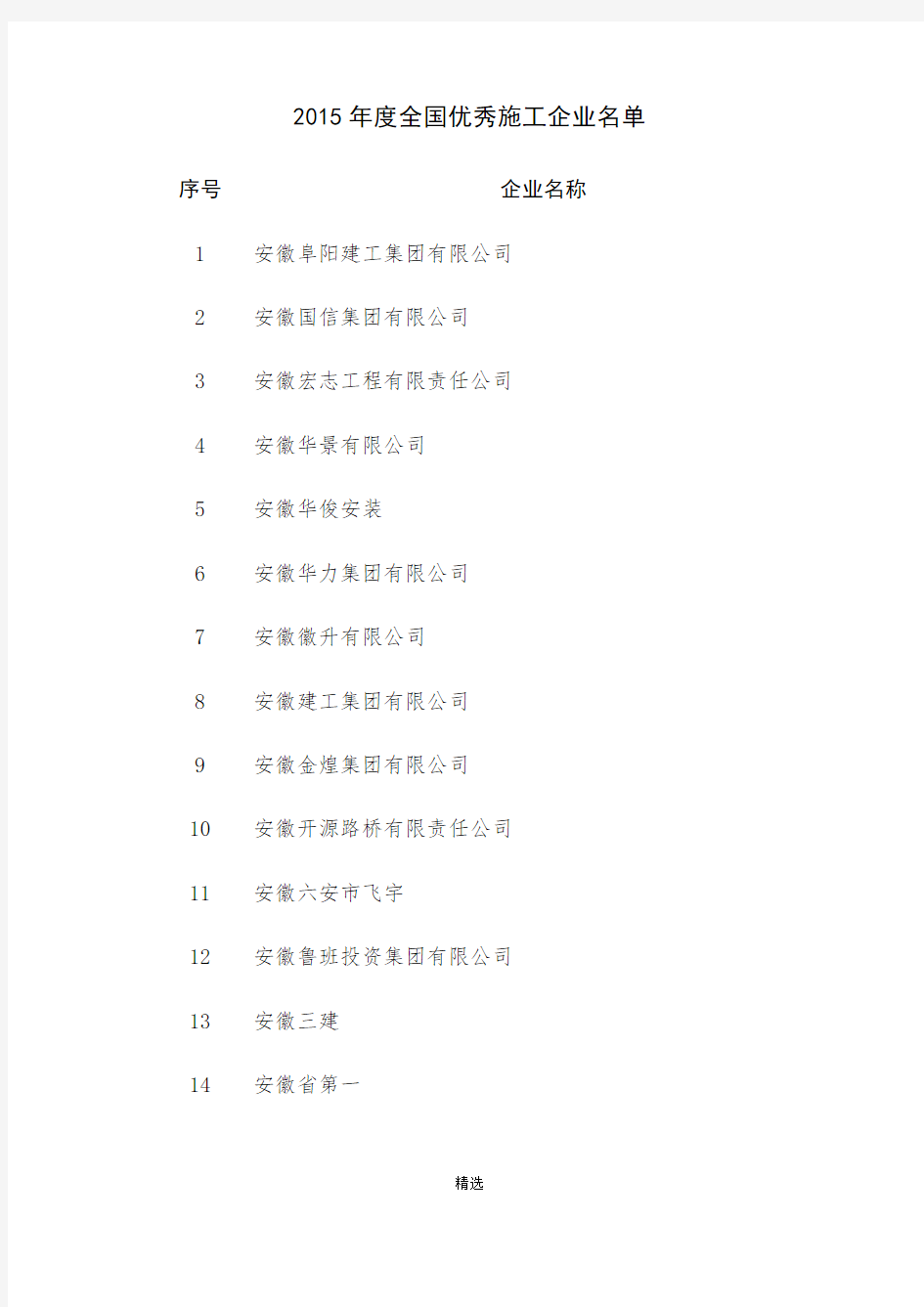 2018年度全国优秀施工企业名单