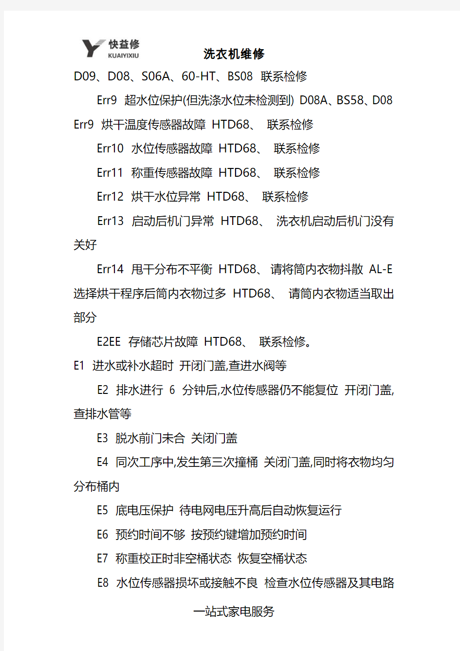 杭州惠而浦洗衣机故障显示代码大全维修电话