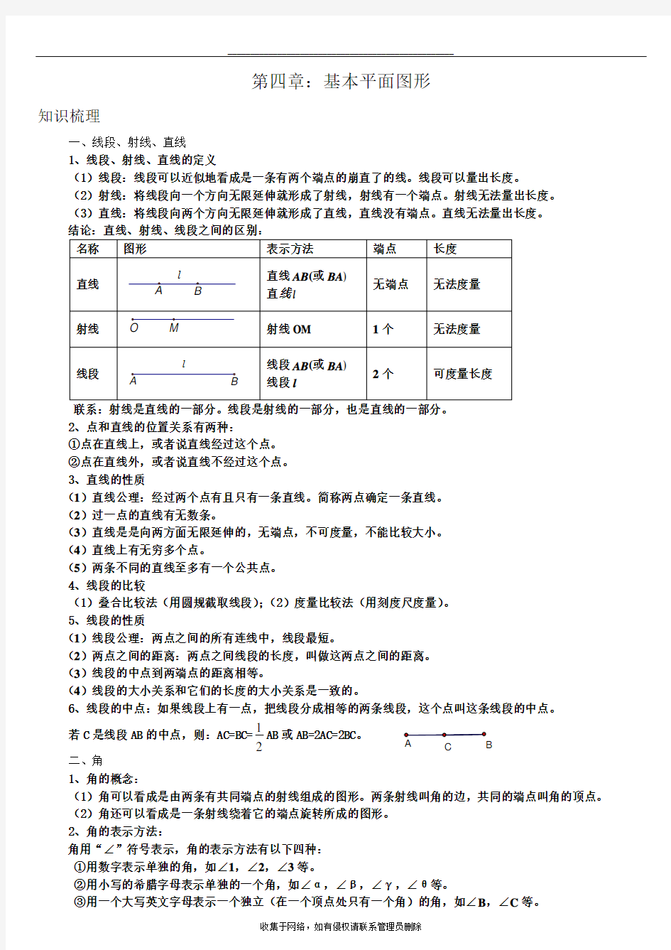 最新北师大版七年级数学上册第四单元基本平面图形知识点