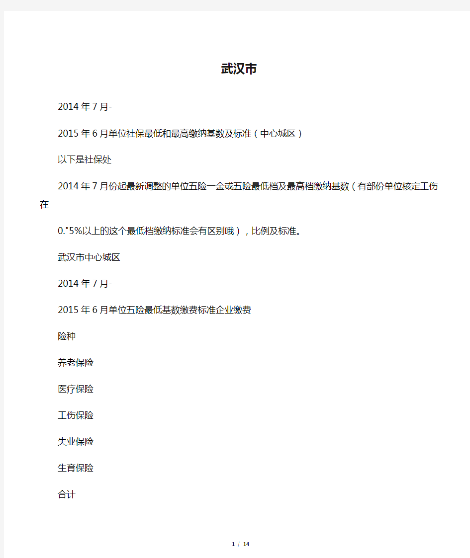 武汉市2014年7月-2015年6月单位社保缴纳基数及标准(最新)