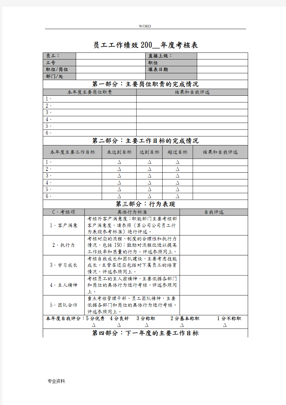 年度绩效考核应用表格模板