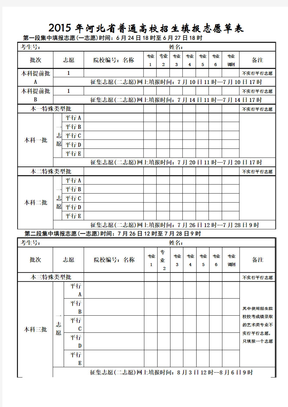 河北2015年高考志愿填报草表