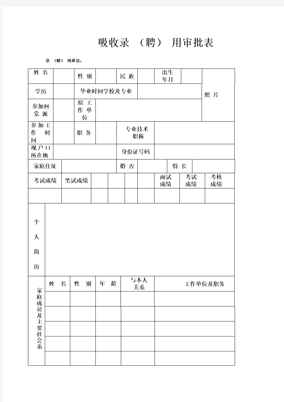 事业单位招聘工作人员吸收录用审批表