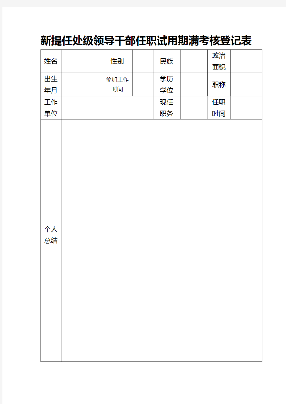 新提任处级领导干部任职试用期满考核登记表