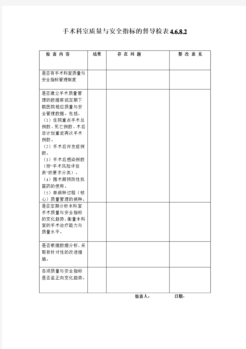 手术科室质量与安全指标的督导检查表4.6.8.2