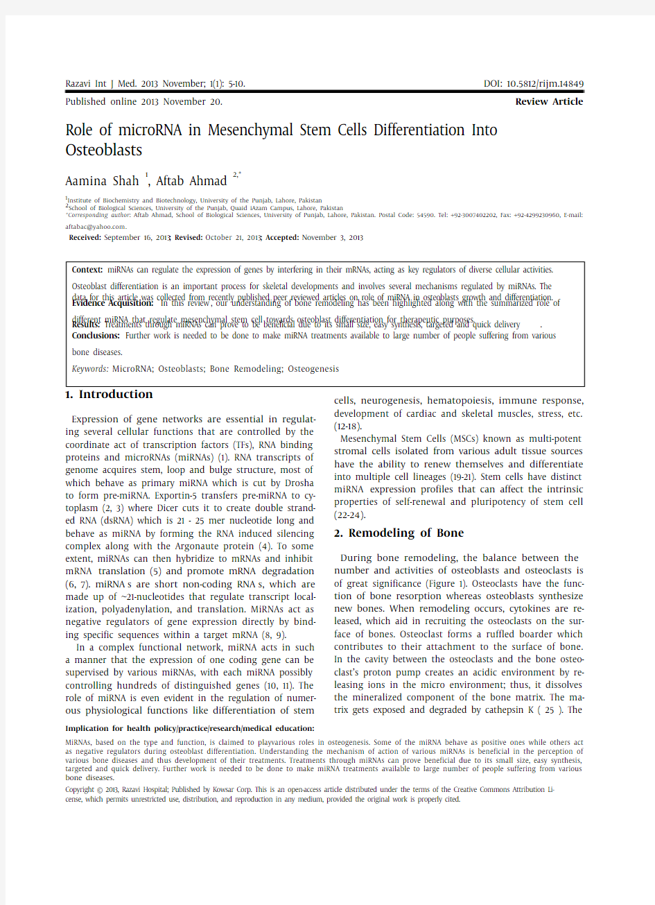 Role of microRNA in Mesenchymal Stem Cells Differentiation Into Osteoblasts