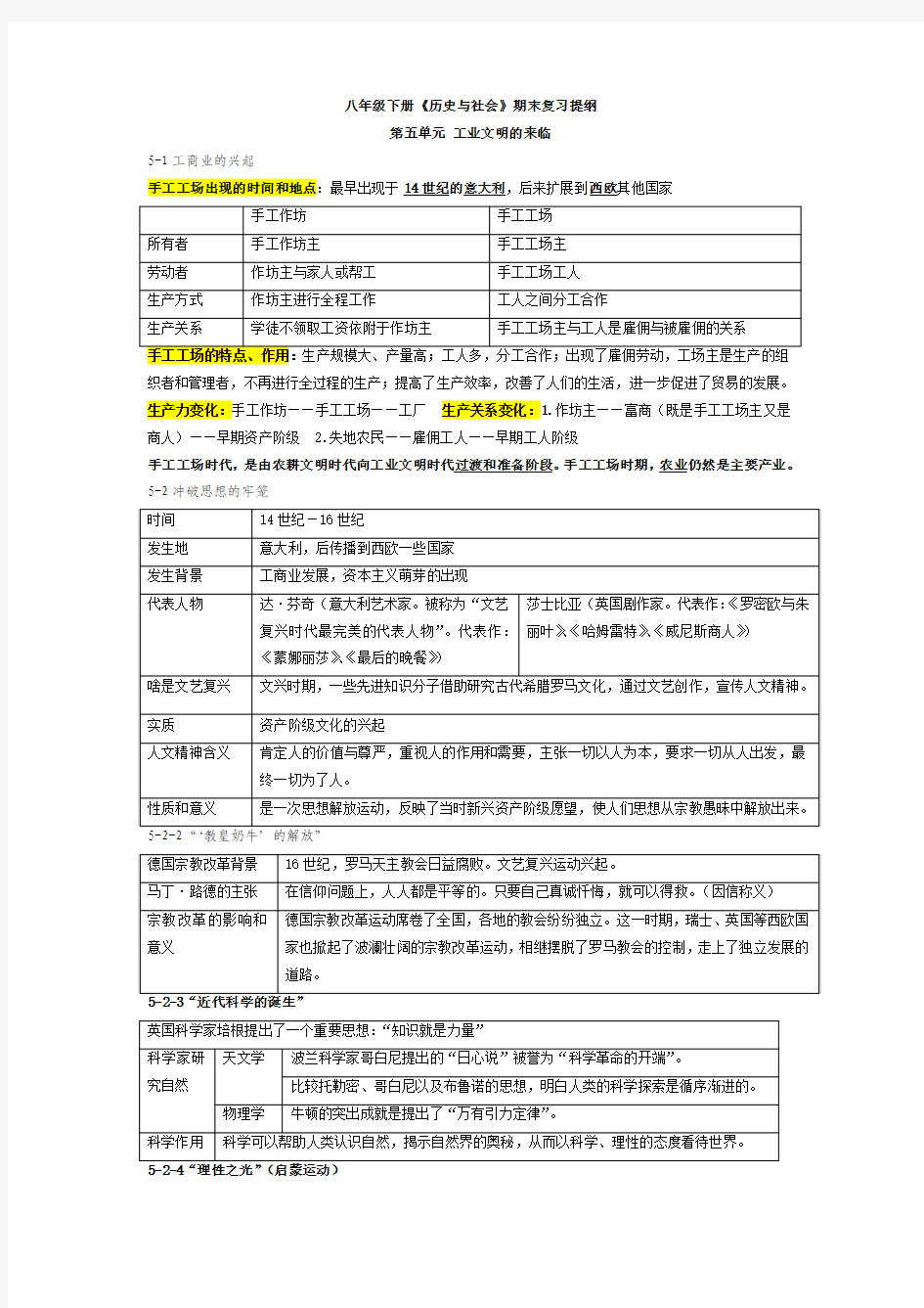 八年级下册《历史与社会》期末复习提纲