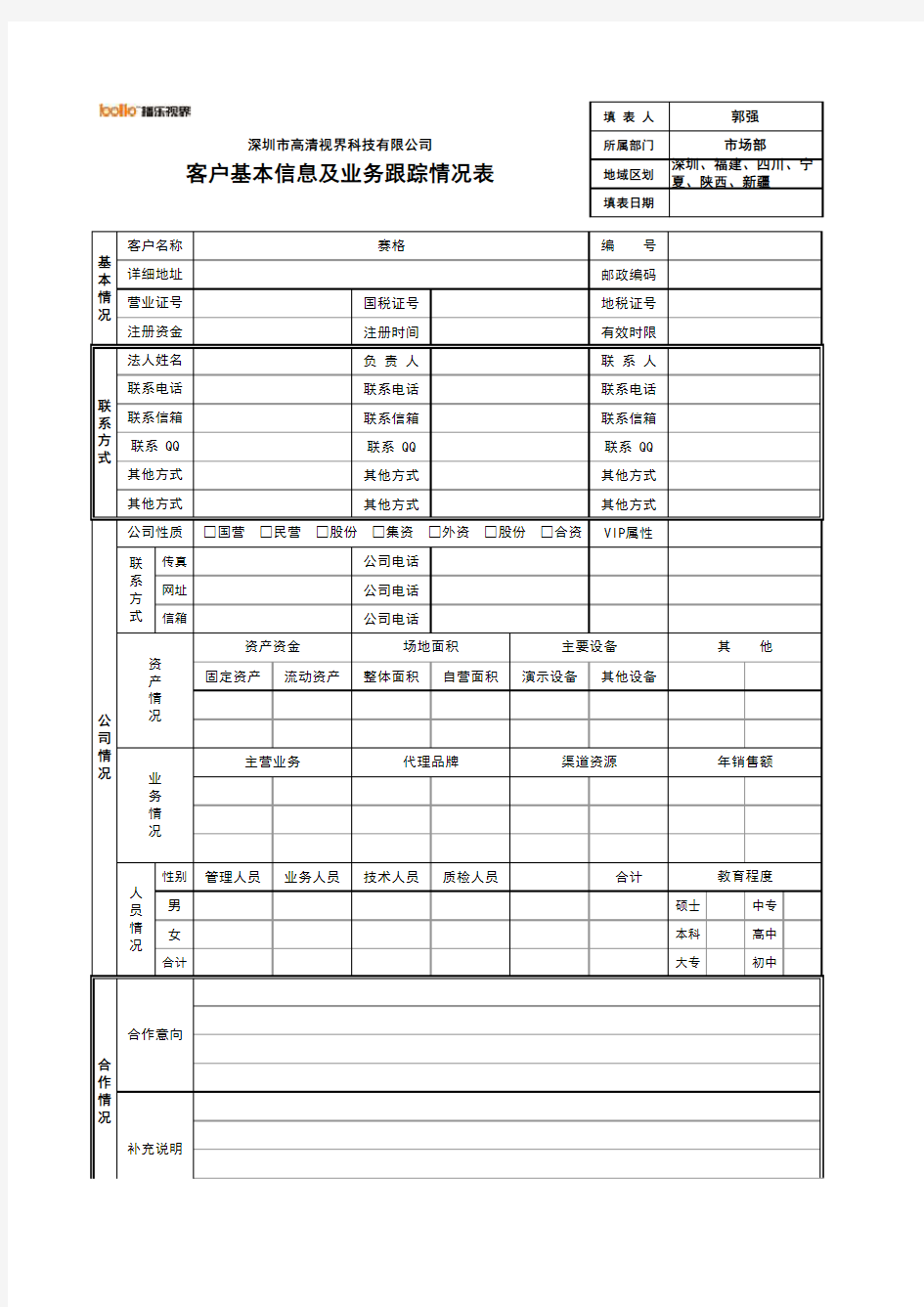 《客户基本信息及业务跟踪情况表》(模版)