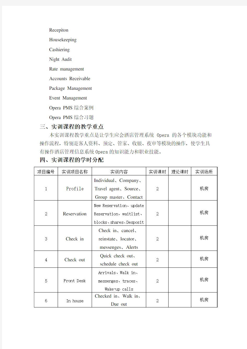 酒店管理信息系统实训课程教学大纲