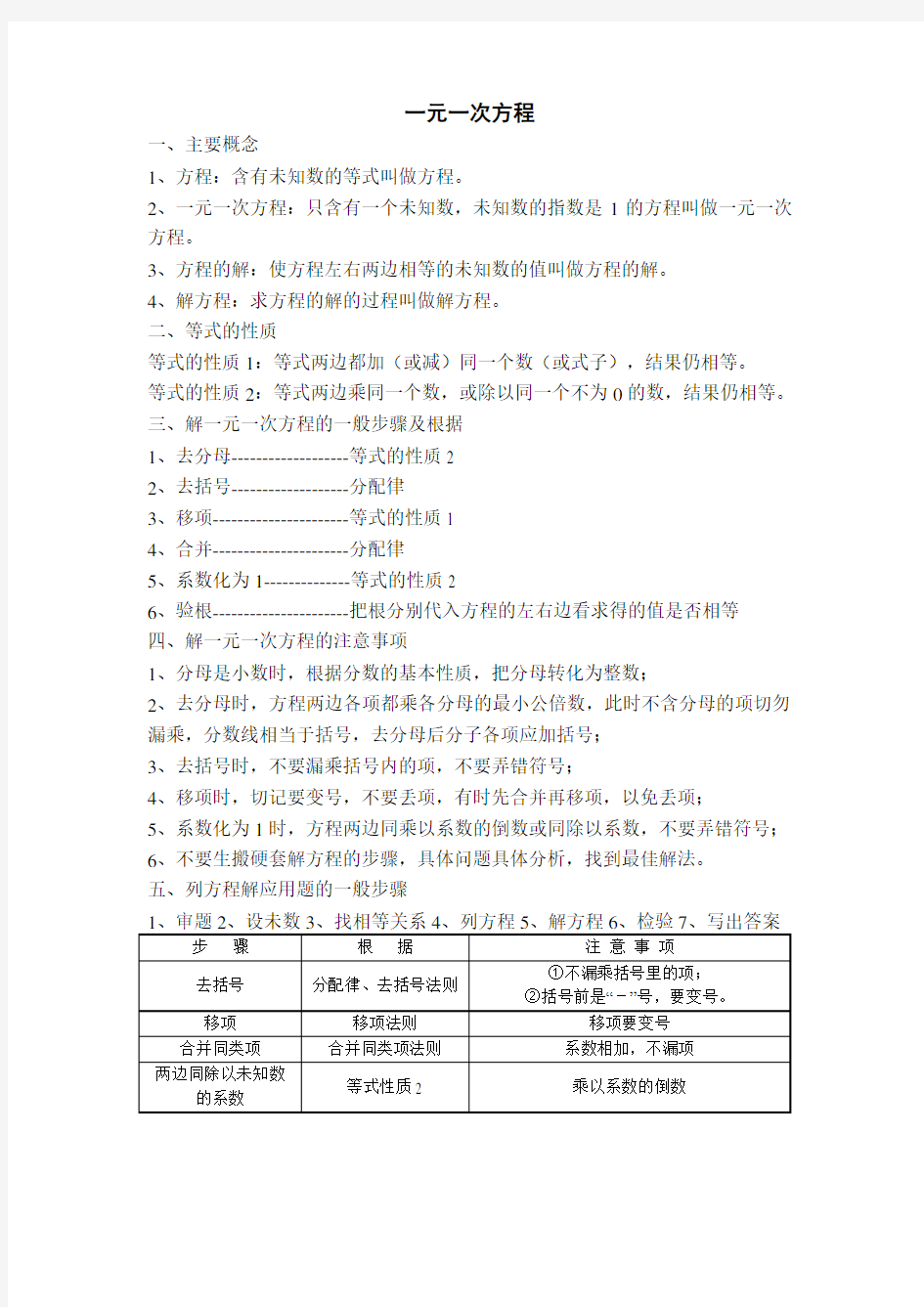 一元一次方程的基本概念、解方程步骤以及练习题