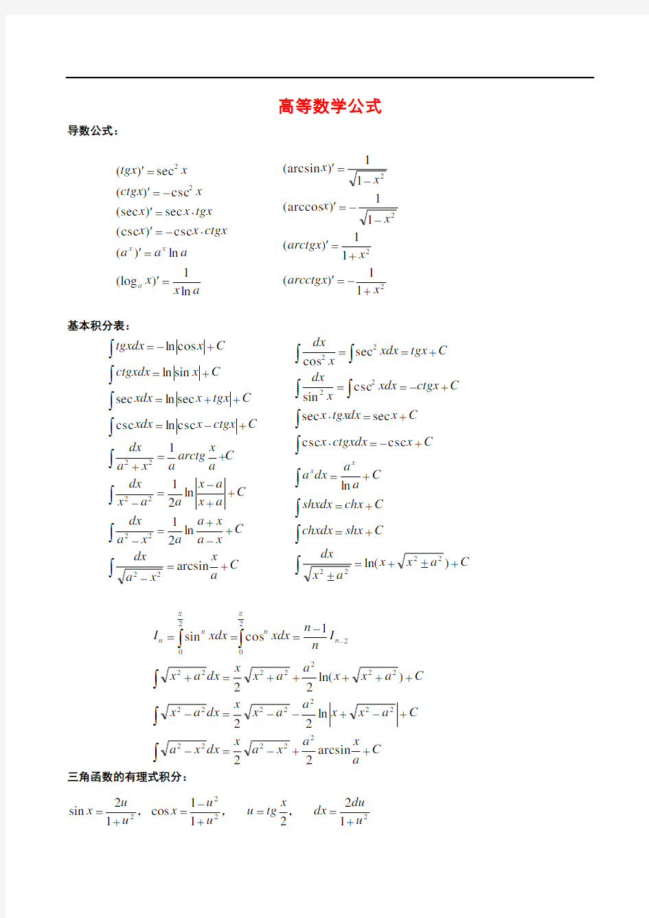 高等数学公式、定理 最全版