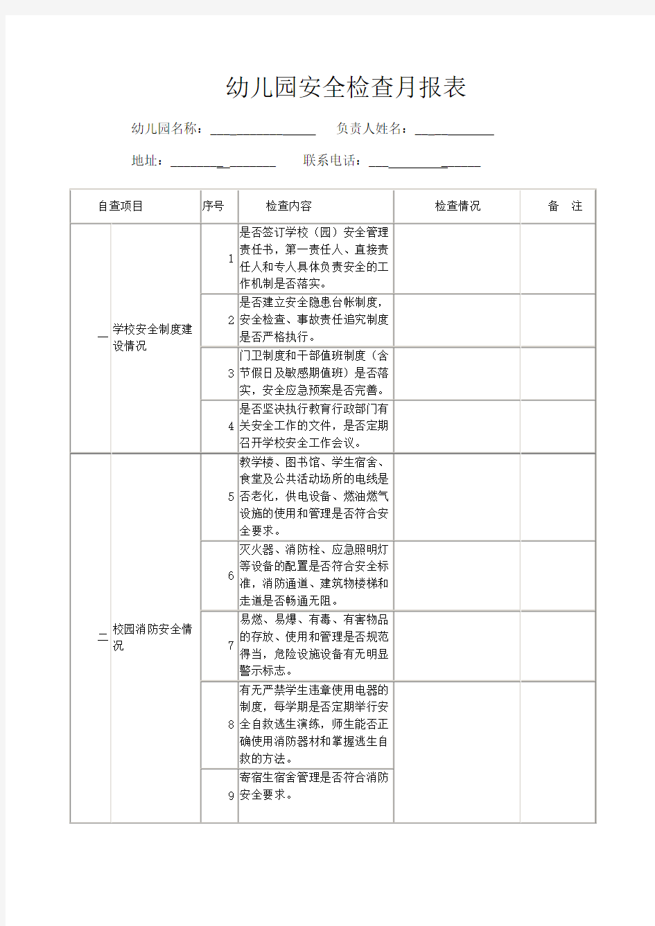 幼儿园安全检查月报表