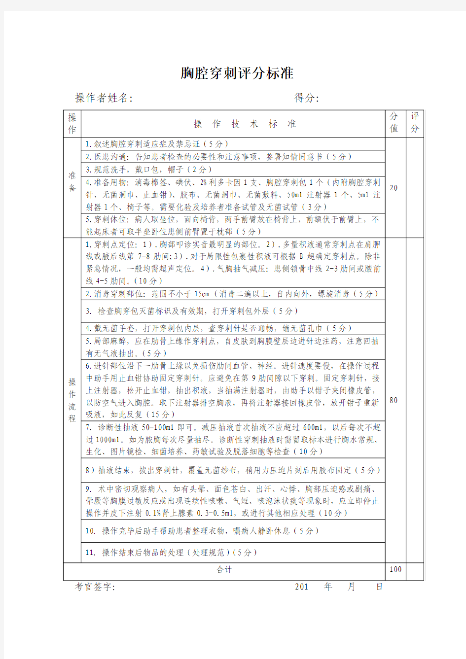 胸腔穿刺评分标准