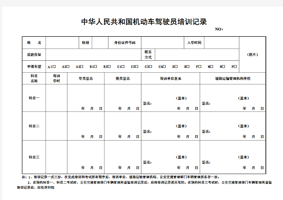 中华人民共和国机动车驾驶员培训记录模板