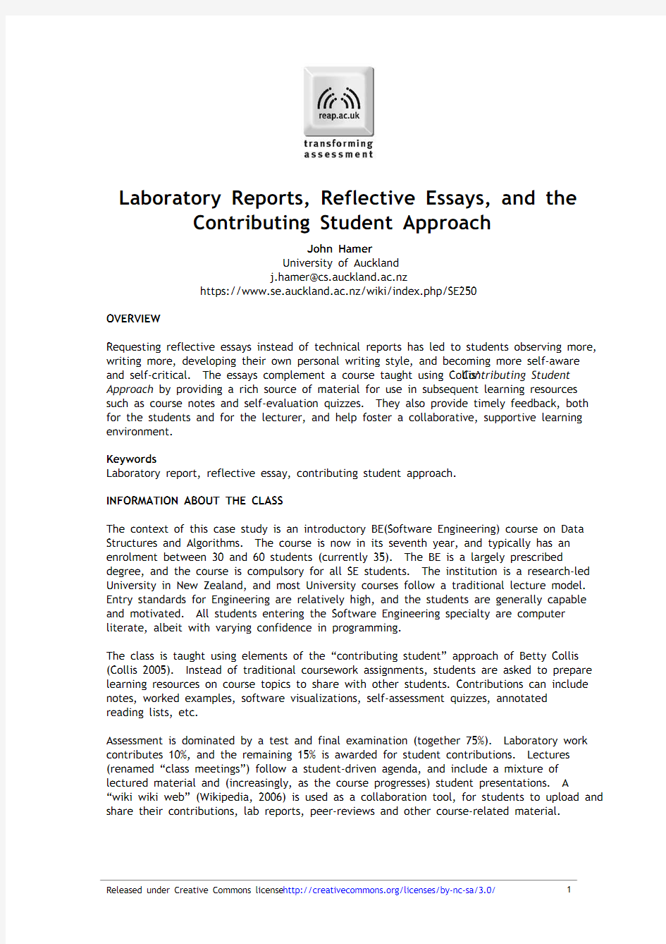 Laboratory Reports, Reflective Essays, and the Contributing Student Approach OVERVIEW
