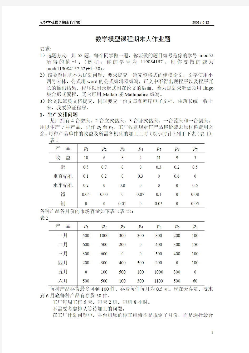 2015年数学建模作业题