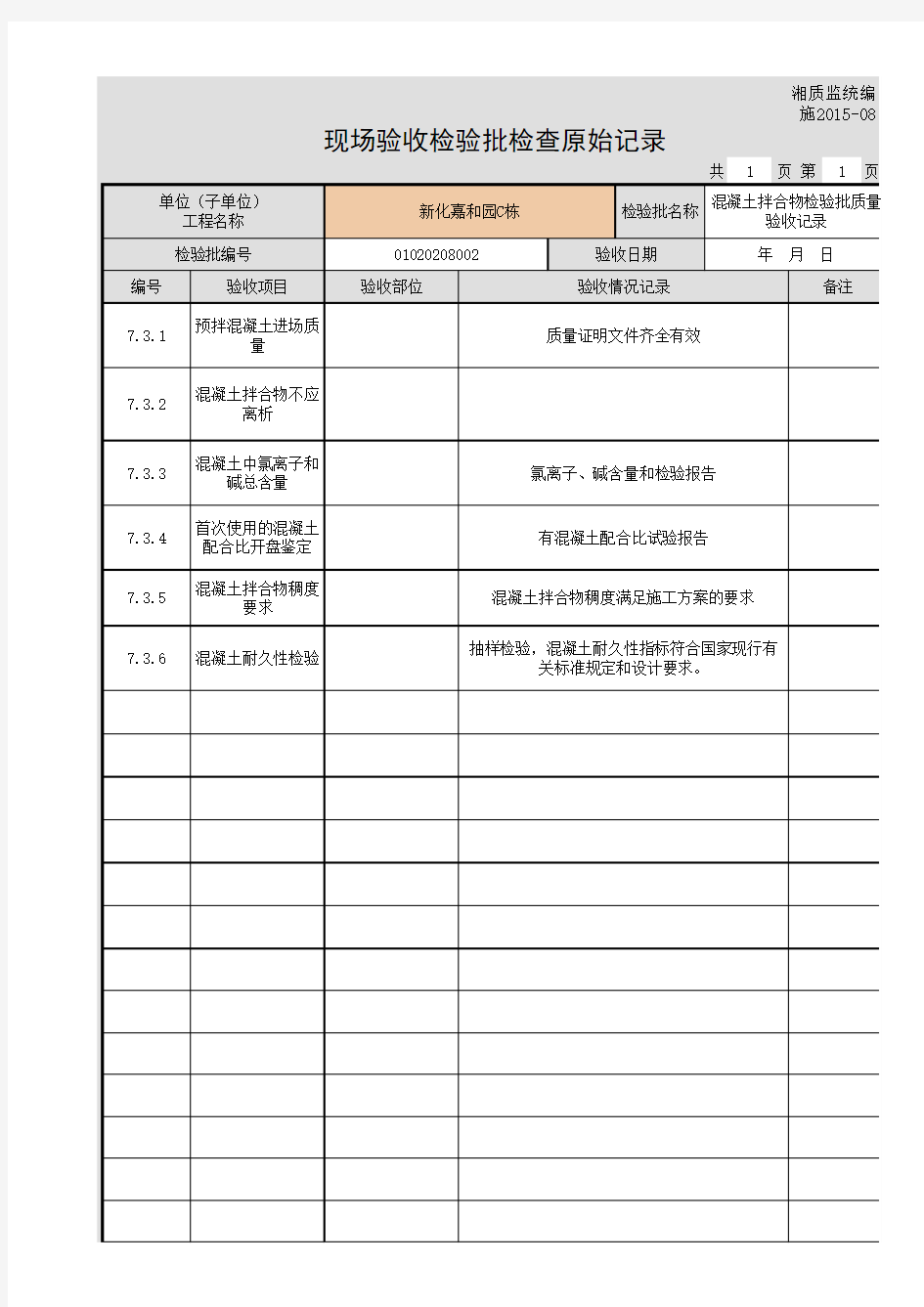 混凝土拌合物检验批质量验收记录-原始记录