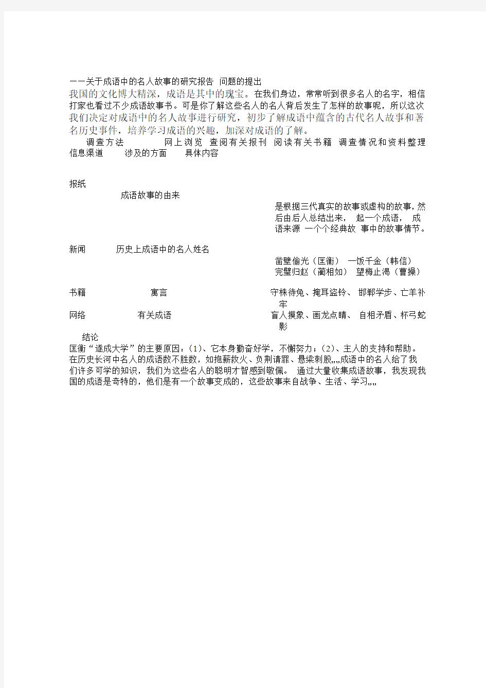 关于成语中的名人故事的研究报告 问题的提出