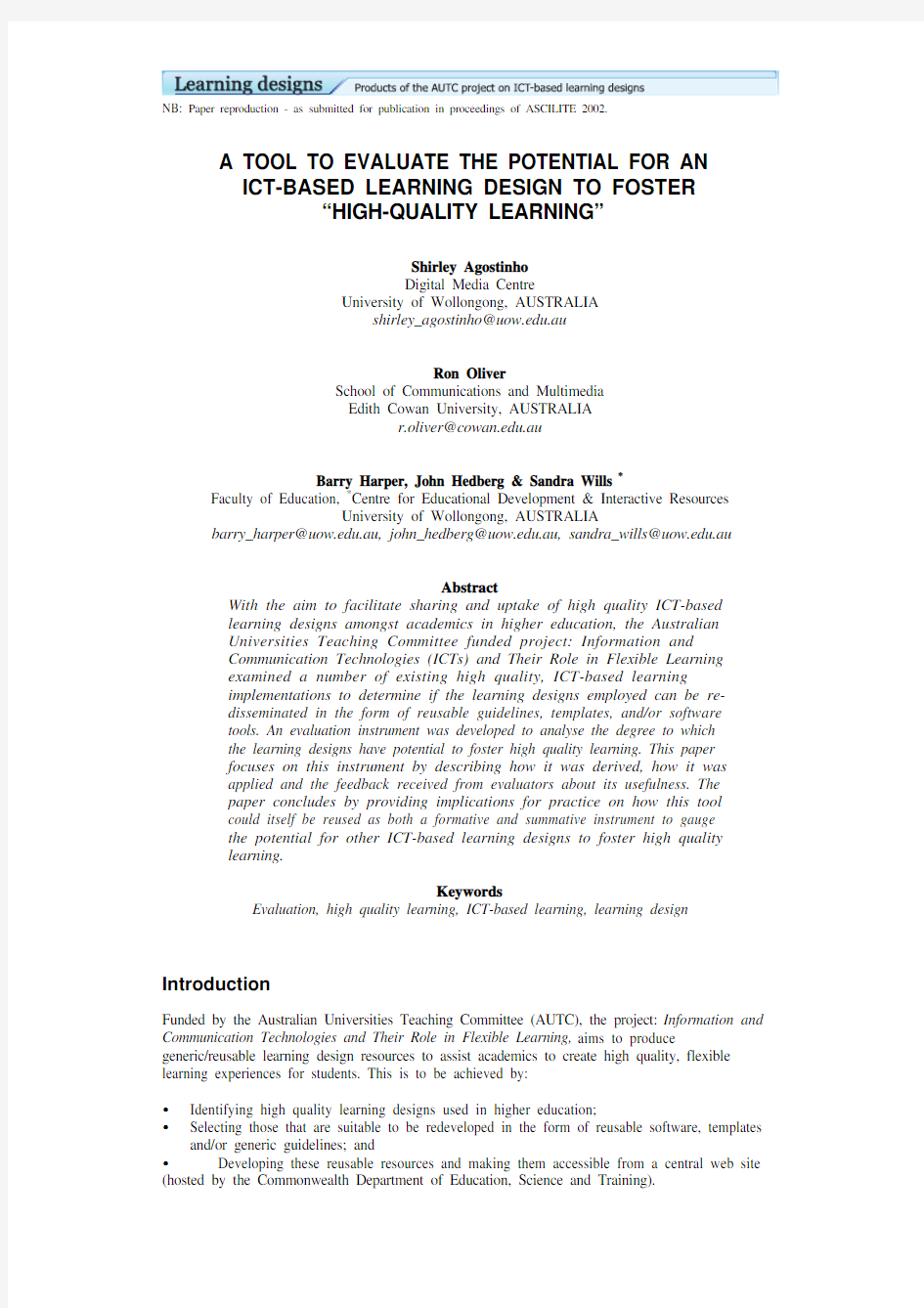 A tool to evaluate the potential for an ICT-based learning design to foster high-quality le