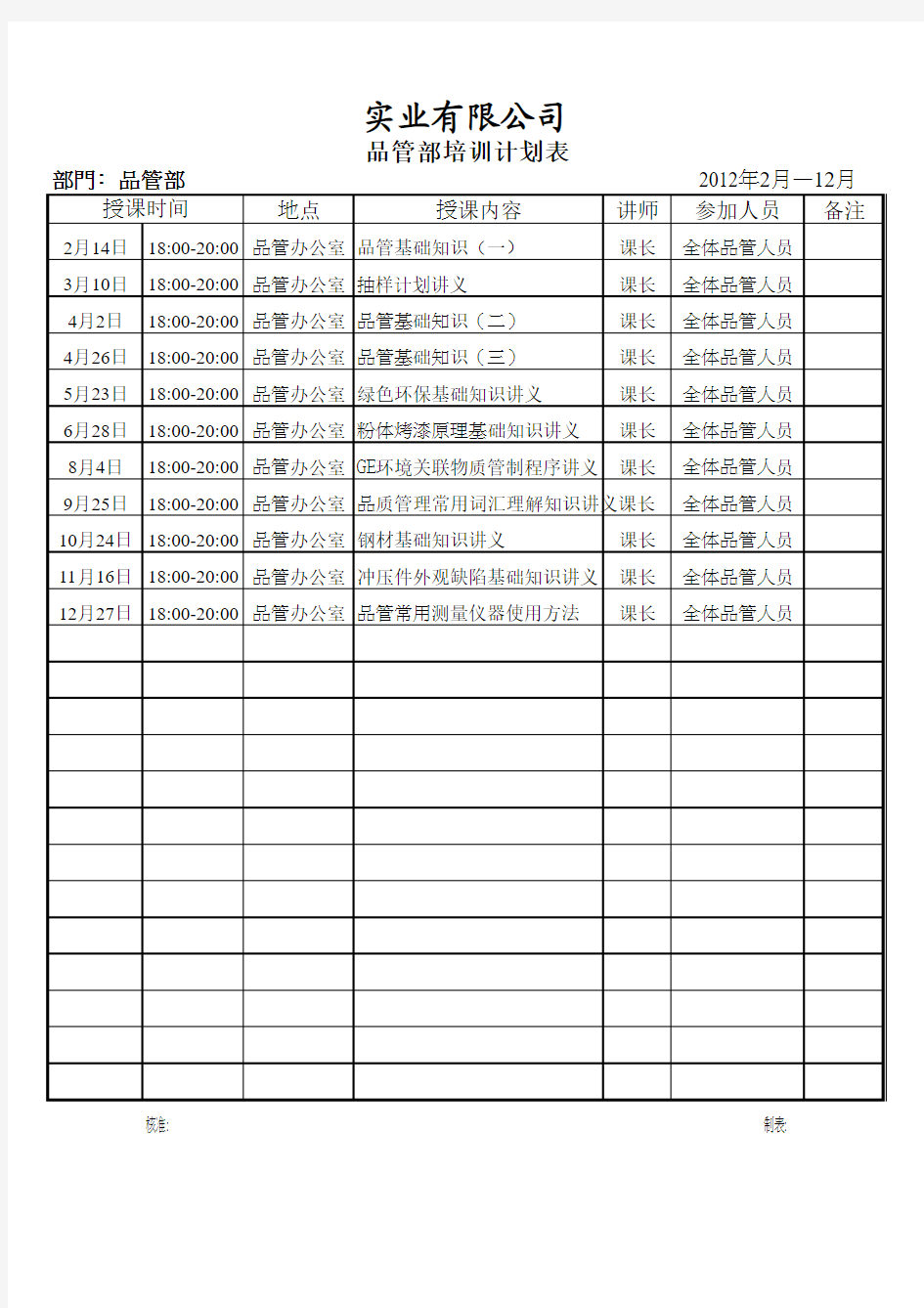 品管部年度培训计划表