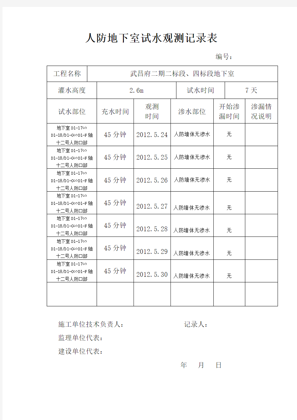 人防地下室试水观测记录表