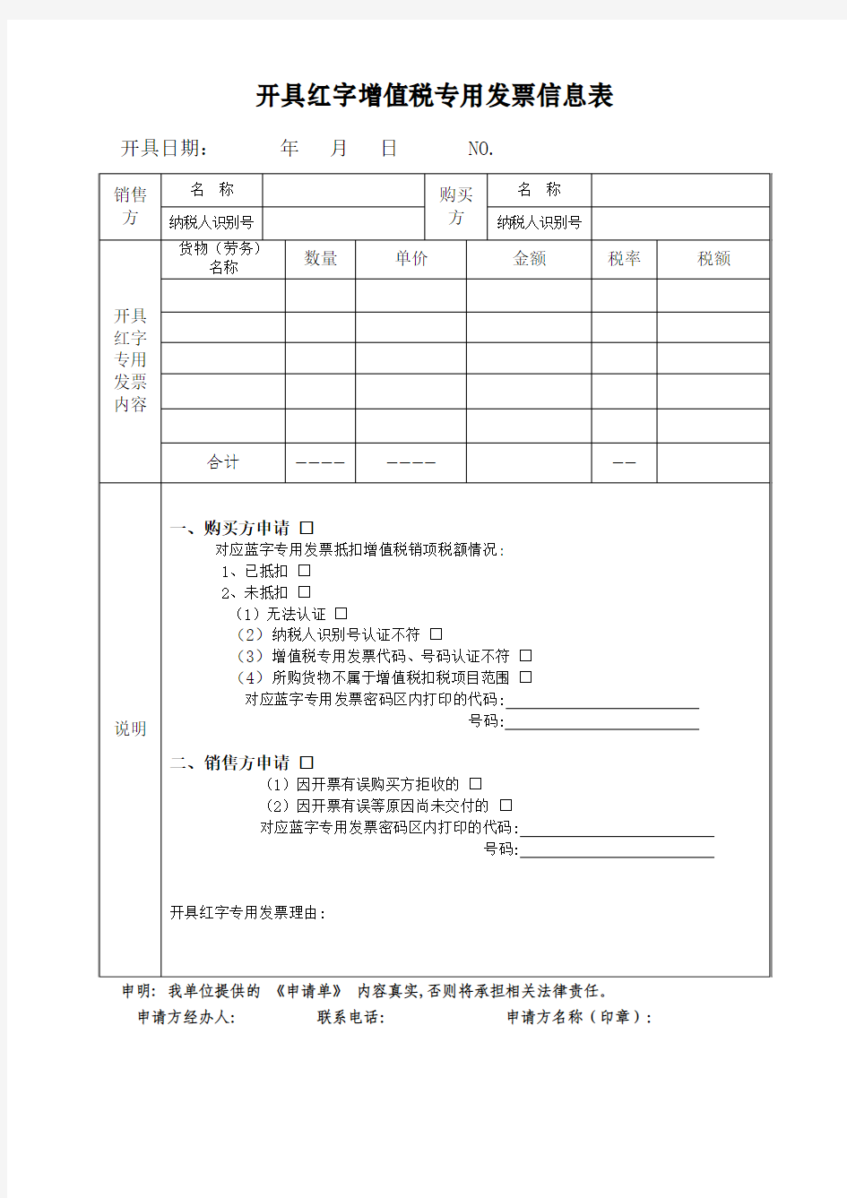 开具红字增值税专用发票信息表(上海)