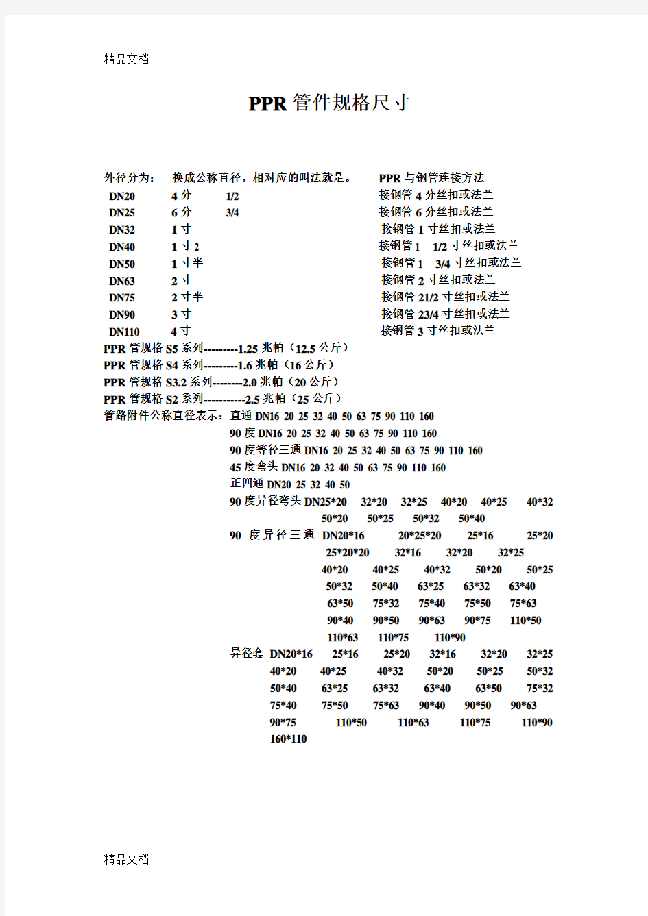 PPR管件规格尺寸(汇编)