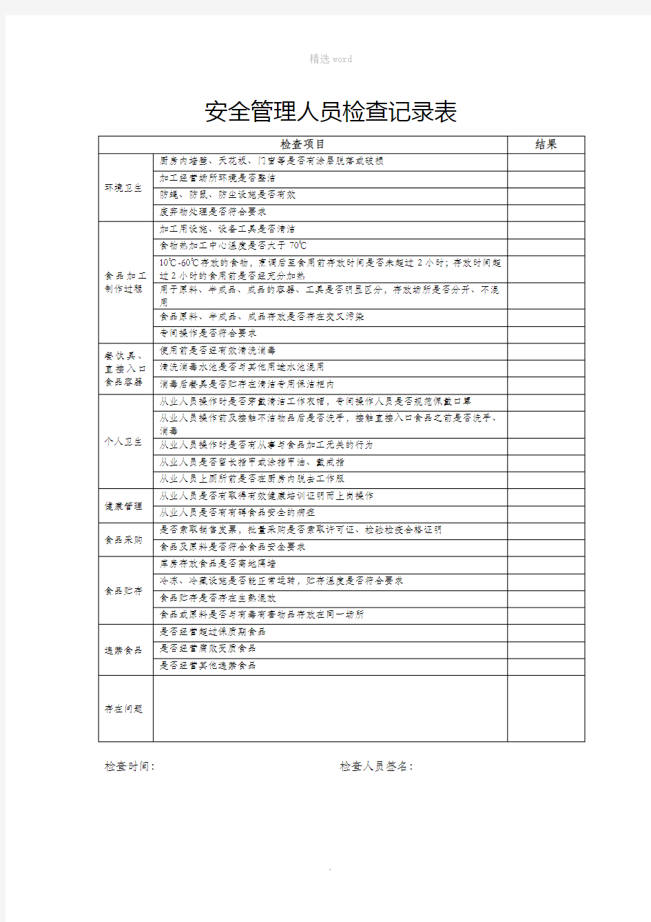 食品安全管理人员检查记录表