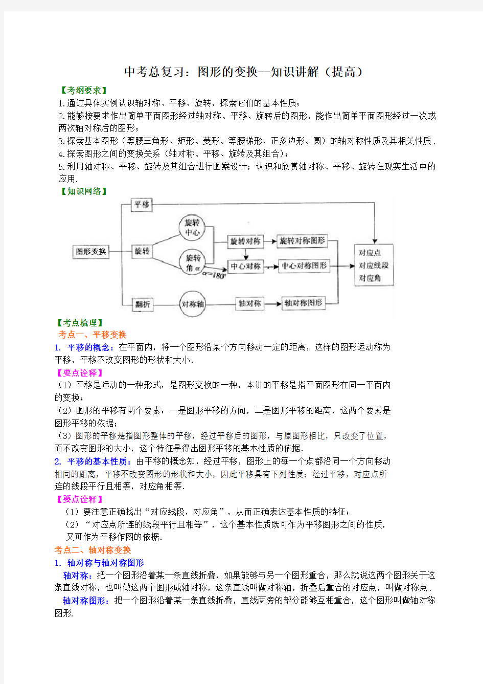 中考数学冲刺复习：图形的变换--知识讲解(提高)