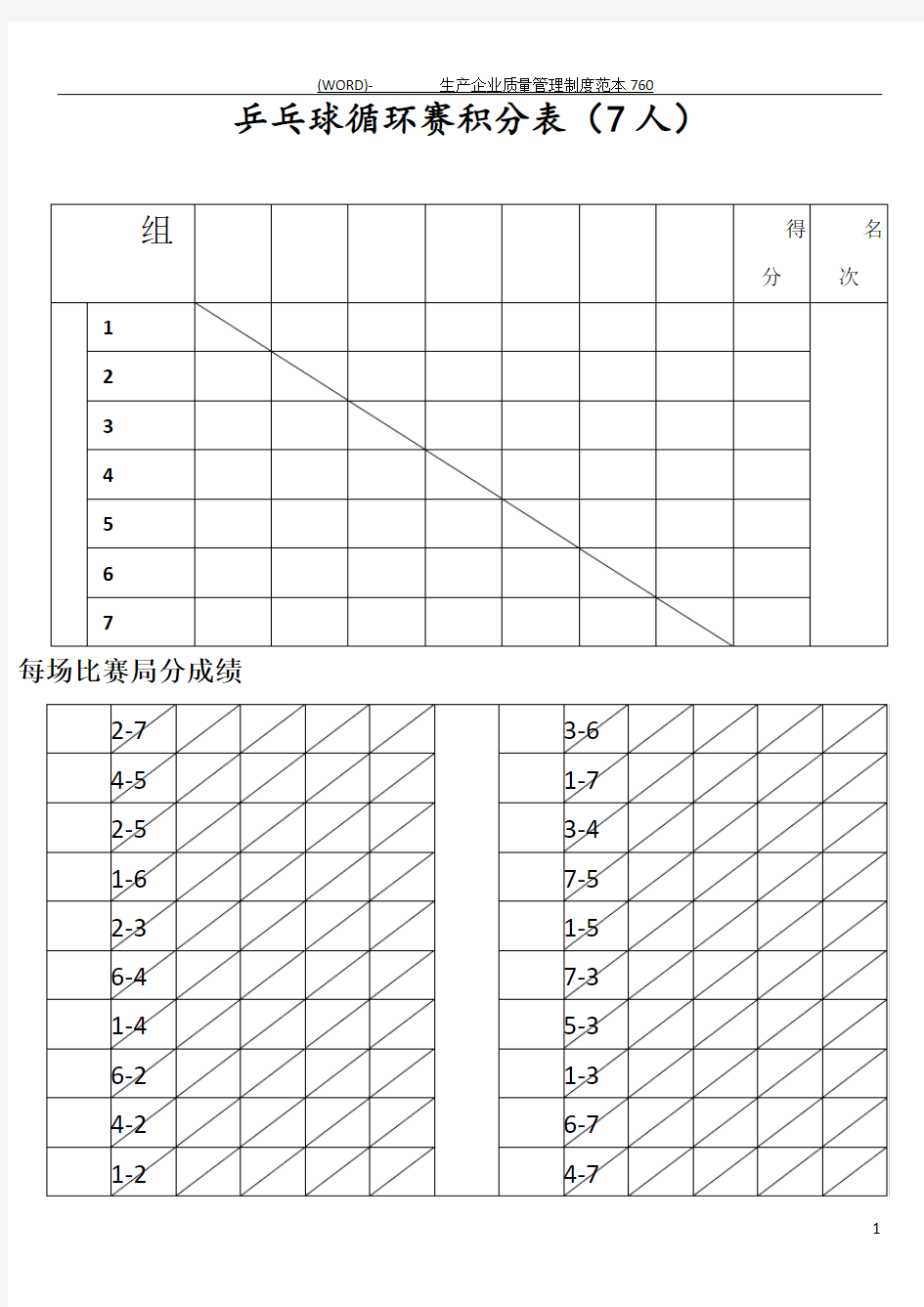 乒乓球,循环赛积分表7人,8人