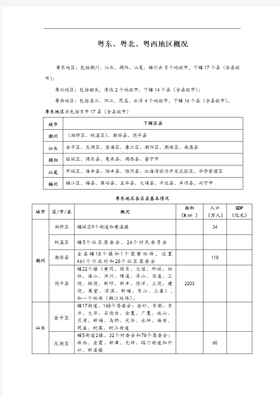 粤东、粤西、粤北概况