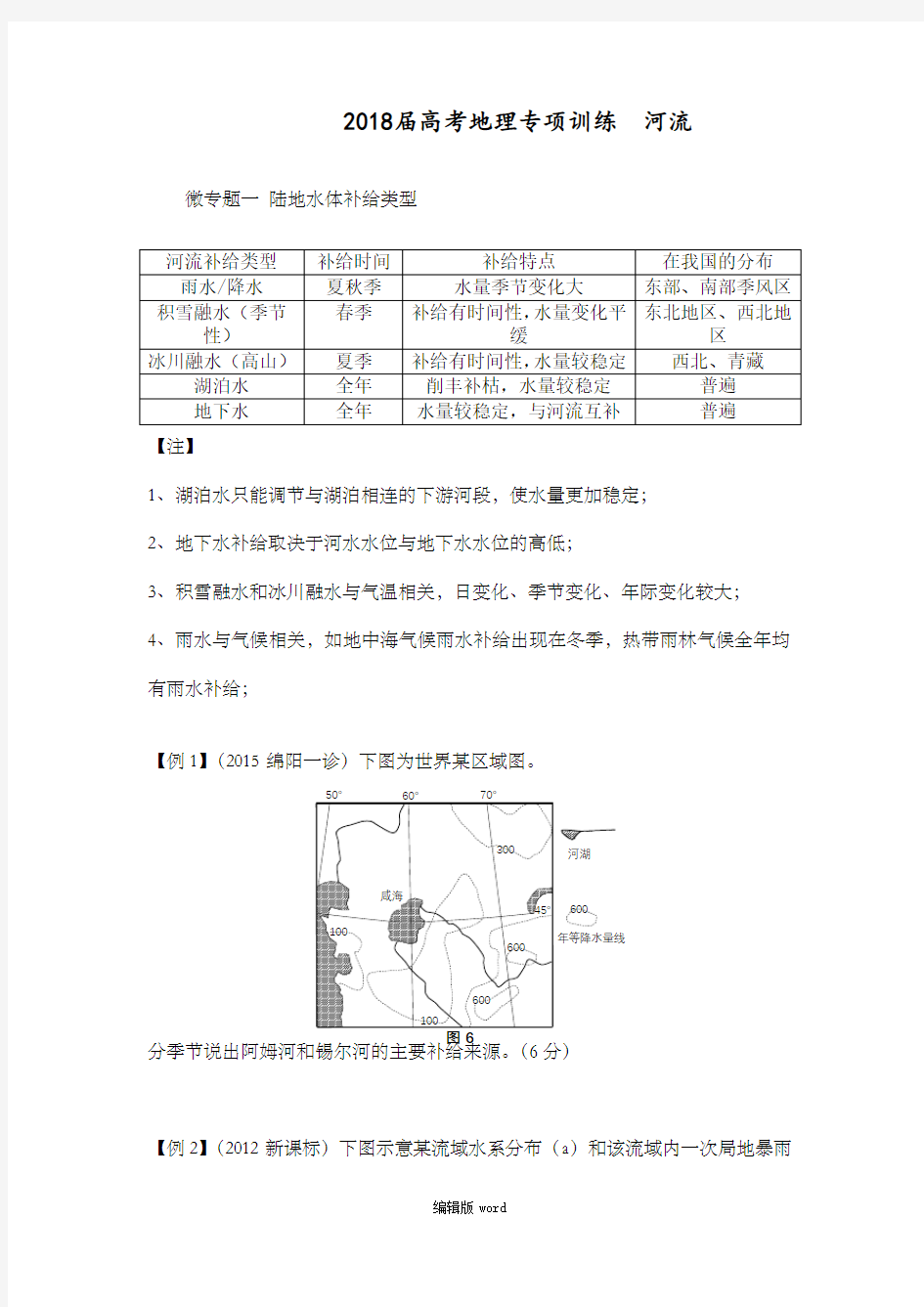 河流专题2018届高考地理专项训练  河流