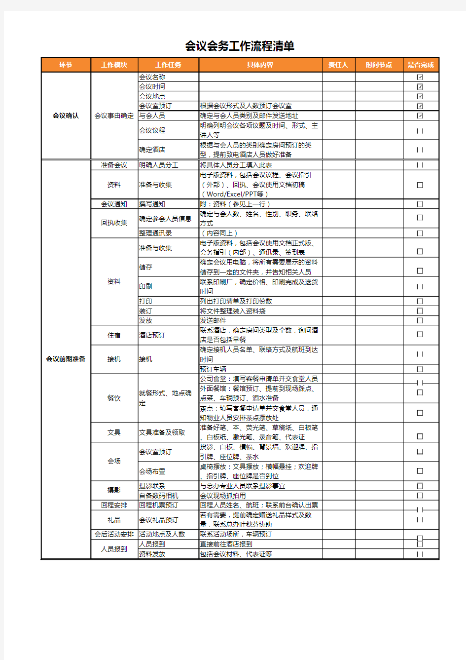 会议会务工作流程清单Excel模板