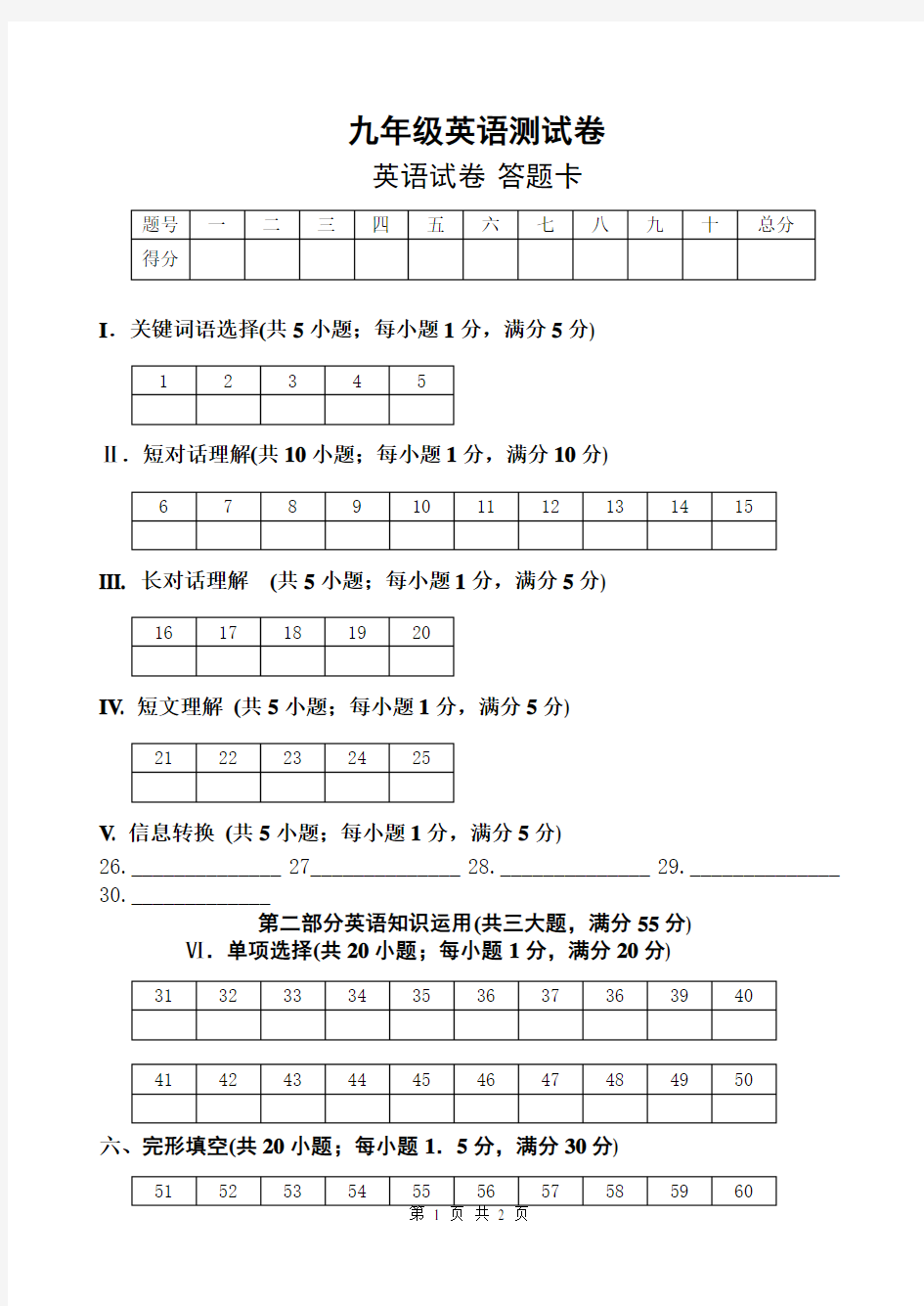 中考英语答题卡模板