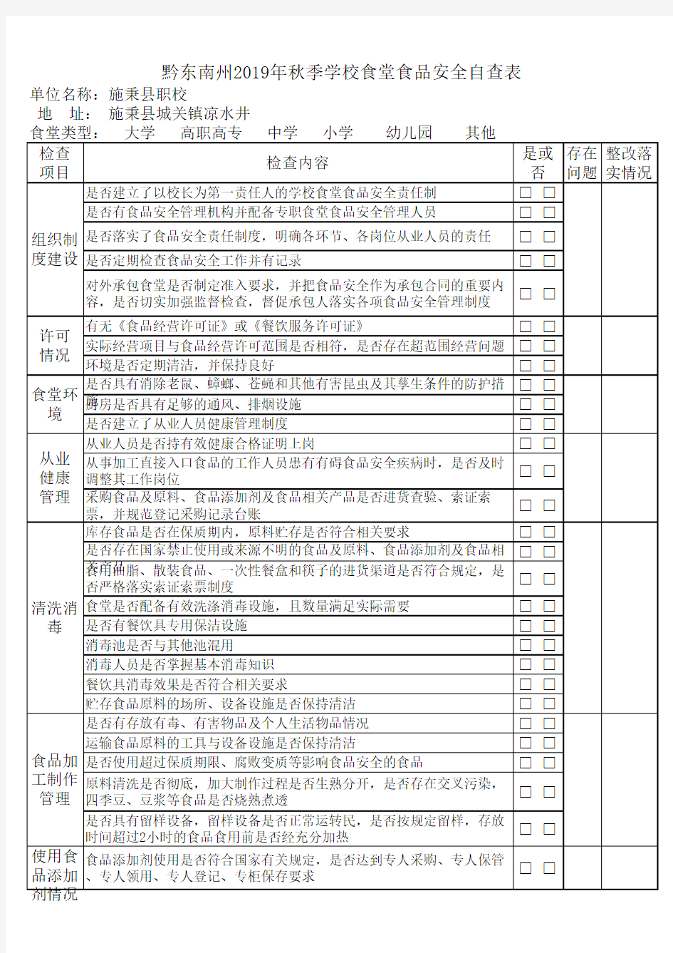 食品安全自查表2019