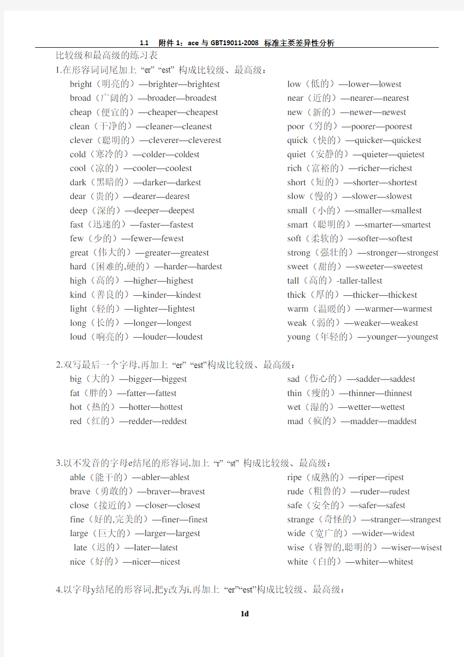 初中比较级和最高级的单词表