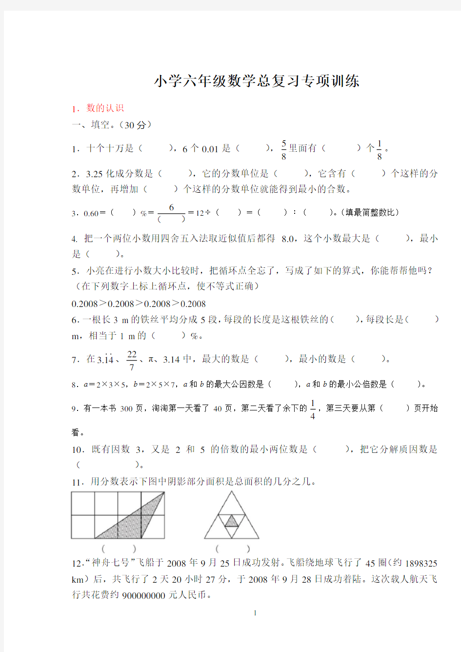 小学六年级数学总复习专项训练