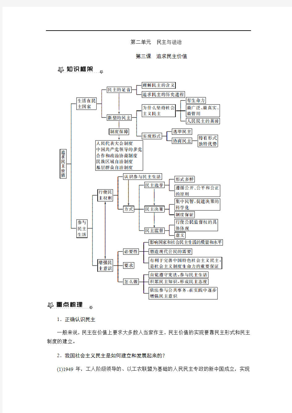 九年级道德与法治知识梳理第三课 追求民主价值