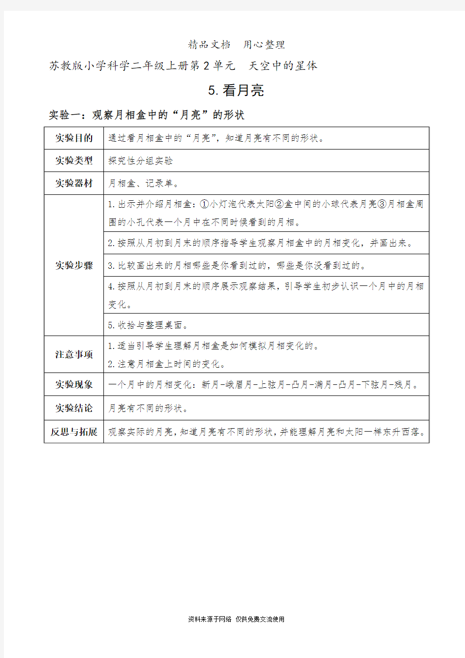 苏教版二年级上册科学5.《看月亮》实验单