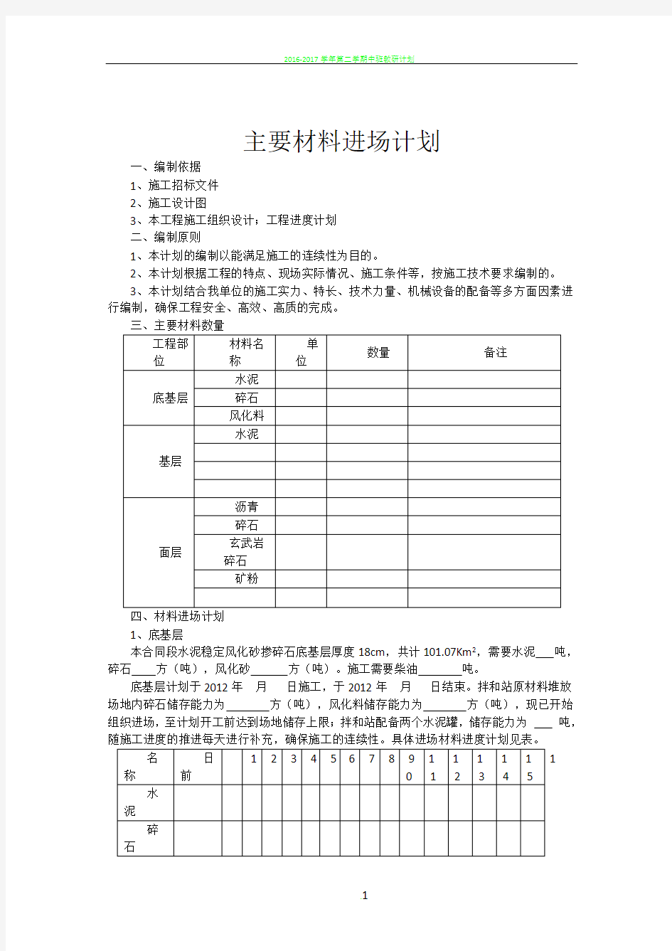 主要材料进场计划