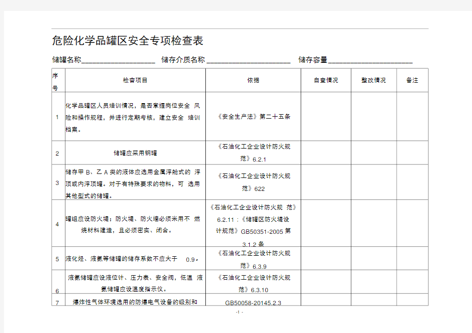 危险化学品罐区安全专项检查表