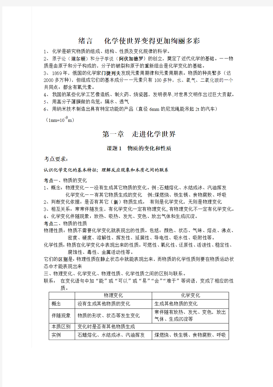 人教版九年级化学第一、二单元知识点总结